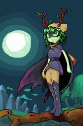 Rule 34 | 1girl, absurdres, adventure time, antlers, cape, colored skin, domino mask, dryad, green eyes, green hair, green skin, highres, horns, huntress wizard, leaf, mask, monster girl, moon, mountain, night, outdoors, plant girl, quiver, solo, tree, tree house