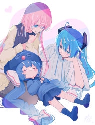Rule 34 | 3girls, :3, absurdres, ahoge, blue eyes, blue hair, blue headwear, blue hoodie, blue legwear, blue skirt, braid, commentary, drawstring, eel hat, closed eyes, facial tattoo, finger to own chin, hair ornament, half-closed eyes, hatsune miku, heart, highres, hood, hoodie, lap pillow, large hat, long hair, lying, megurine luka, miniskirt, multiple girls, number tattoo, on back, otomachi una, pink hair, pleated skirt, signature, skirt, sleeping, sleeping on person, smile, star (symbol), tattoo, twin braids, twintails, very long hair, vocaloid, wanaxtuco, white hoodie