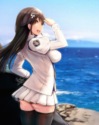 Rule 34 | 1girl, ass, azur lane, bad id, bad pixiv id, black hair, black thighhighs, blue sky, blurry, blurry background, blush, bow, breasts, choukai (azur lane), cloud, dated, day, from side, hair between eyes, hair ornament, hand up, highres, large breasts, long hair, long sleeves, looking at viewer, mappaninatta, microskirt, ocean, open mouth, outdoors, shirt, sidelocks, signature, skirt, sky, smile, solo, thighhighs, thighs, waves, white shirt