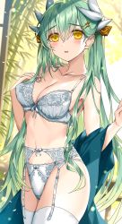 Rule 34 | 1girl, bamboo, bare shoulders, blush, bow, bow bra, bow panties, bra, breasts, cleavage, cowboy shot, crotch seam, dragon girl, dragon horns, fate/grand order, fate (series), green hair, hair ornament, highres, horns, kiyohime (fate), large breasts, long hair, looking at viewer, morizono shiki, navel, off shoulder, panties, parted lips, smile, solo, thighhighs, underwear, white bra, white panties, white thighhighs, yellow eyes