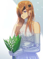 Rule 34 | 1girl, bare shoulders, blue eyes, closed mouth, cowboy shot, dress, earrings, elbow gloves, eyepatch, fate/grand order, fate (series), flower, flower earrings, gloves, hair over one eye, highres, holding, holding flower, jewelry, lace, light particles, lily of the valley, lips, long hair, looking at object, looking down, ophelia phamrsolone, orange hair, sakanaru, sash, see-through, sleeveless, sleeveless dress, smile, solo, white dress, white gloves, white sash