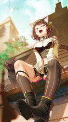 Rule 34 | animal ears, ankle boots, asymmetrical legwear, bell, bell tower, bench, between legs, bird, black cat, blurry, bob cut, boots, bow, breasts, brown hair, cat, cat ears, cat girl, cat tail, closed eyes, cloud, depth of field, facial mark, fantasy, fingernails, foreshortening, from below, hair bow, hand between legs, heart, high heels, highres, jingle bell, light particles, midriff, nail polish, navel, open mouth, original, pink nails, saraki, shadow, short hair, signature, sitting, skirt, sky, solo, steeple, striped clothes, striped thighhighs, tail, thighhighs, tree, uneven legwear, v arms, vertical-striped clothes, vertical-striped thighhighs, whiskers, yawning