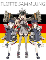 Rule 34 | 10s, 3girls, bad id, bad pixiv id, beret, bismarck (kancolle), blonde hair, blue eyes, blush, boots, breasts, brown eyes, brown gloves, brown hair, cannon, clothes writing, detached sleeves, engiyoshi, german flag, german text, gloves, grey footwear, grey legwear, hat, highres, kantai collection, large breasts, long hair, looking at viewer, multiple girls, one eye closed, open mouth, peaked cap, personification, ranguage, sailor collar, sailor hat, short hair, thighhighs, translated, wink, z1 leberecht maass (kancolle), z3 max schultz (kancolle)