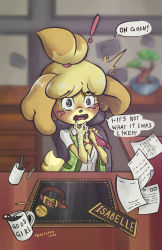 Rule 34 | 1girl, :3, absurdres, animal crossing, animal ears, artist name, black eyes, blonde hair, blush, blush stickers, bonsai, bow, bow panties, bra, buck teeth, caught, chair, character name, coffee, collar, constricted pupils, cup, dated, desk, dog ears, dog girl, dog tail, drink, embarrassed, english text, female focus, flat chest, furry, furry female, green vest, hair tie, hands up, highres, holding, indoors, isabelle (animal crossing), motion lines, mug, neck ribbon, nintendo, nose blush, notice lines, open clothes, open mouth, open shirt, panties, unworn panties, paper, pen, pencil, plaid, plaid vest, pussy juice, red bra, red panties, red ribbon, ribbon, shirt, short hair, short sleeves, signature, sitting, snoutless, solo, speech bubble, tail, talking, tears, teeth, text focus, tongue, topknot, trembling, underwear, upper body, vest, white shirt