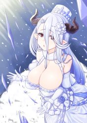 Rule 34 | 10s, 1girl, bad id, bad pixiv id, bare shoulders, blue hair, breasts, cleavage, draph, flower, gloves, granblue fantasy, hair between eyes, hair flower, hair ornament, hat, highres, horns, huge breasts, izmir, lein, long hair, mole, mole under mouth, pointy ears, shards, solo, white gloves