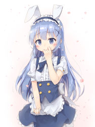Rule 34 | 1girl, alternate costume, animal ears, apron, apron lift, bad id, bad pixiv id, blouse, blue bow, blue bowtie, blue eyes, blue hair, blue skirt, blush, bow, bowtie, breasts, clothes lift, coffeiz p, collared shirt, commentary request, covering own mouth, cowboy shot, fake animal ears, fleur de lapin uniform, frilled apron, frilled shirt, frilled skirt, frills, gochuumon wa usagi desu ka?, gradient background, hair ornament, hairclip, kafuu chino, light blue hair, long hair, looking at viewer, maid headdress, petals, puffy short sleeves, puffy sleeves, rabbit ears, shirt, short sleeves, sidelocks, skirt, small breasts, solo, standing, two-tone background, underbust, uniform, waist apron, white apron, white shirt, wing collar, x hair ornament