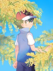 Rule 34 | 1boy, ash ketchum, blue background, blue jacket, blurry, brown eyes, commentary, creatures (company), game freak, green hair, hair between eyes, hat, highres, jacket, looking at viewer, looking back, male focus, mei (maysroom), nintendo, parted lips, pokemon, pokemon (anime), pokemon journeys, red hat, shirt, short hair, short sleeves, shorts, sleeveless, sleeveless jacket, solo, t-shirt, white shirt