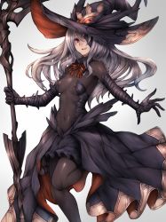 Rule 34 | 1girl, arm wrap, black bodysuit, black dress, black pantyhose, blush, bodysuit, bow, bowtie, breasts, center opening, covered navel, detached collar, dress, eyepatch, glowing, grey background, grey hair, hat, highres, holding, holding scythe, holding weapon, leg up, long hair, looking at viewer, medium breasts, open mouth, original, pantyhose, red bow, red bowtie, red eyes, resolution mismatch, scythe, sidelocks, simple background, smile, snm (sunimi), solo, source smaller, weapon, witch hat