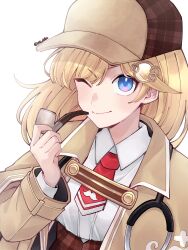 Rule 34 | 021 shiro, 1girl, absurdres, blonde hair, blue eyes, blush, closed mouth, collared shirt, highres, holding, holding smoking pipe, hololive, hololive english, long hair, long sleeves, looking at viewer, necktie, one eye closed, red necktie, shirt, smile, smoking pipe, solo, stethoscope, virtual youtuber, watson amelia, watson amelia (1st costume), white shirt