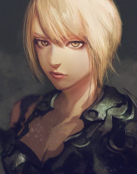 Rule 34 | 1girl, armor, blonde hair, breasts, cleavage, expressionless, gradient background, lips, looking at viewer, original, portrait, realistic, screentones, solo, tomono rui, yellow eyes