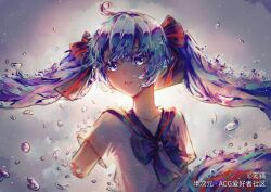 Rule 34 | 1girl, ahoge, backlighting, bcy username, black bow, blue bow, blue bowtie, blue eyes, blue hair, blue sailor collar, bow, bowtie, collarbone, collared shirt, cropped arm, dissolving, eyelashes, floating hair, grey background, hair bow, hatsune miku, highres, liquid hair, long hair, looking at viewer, luan qiang, parted lips, red lips, sailor collar, sailor shirt, shirt, short sleeves, simple background, solo, teeth, third-party source, twintails, upper body, very long hair, vocaloid, water drop, white shirt, white sleeves