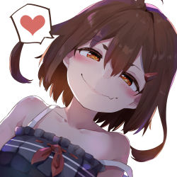 Rule 34 | 1girl, absurdres, alternate costume, bare shoulders, blue camisole, brown eyes, brown hair, camisole, collarbone, fang, frilled camisole, frills, hair ornament, hairclip, heart, highres, ikazuchi (kancolle), kantai collection, looking at viewer, short hair, simple background, skin fang, smile, solo, spoken heart, strap slip, taisho (gumiyuki), white background