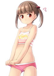 Rule 34 | 1girl, ?, bare arms, bare shoulders, bikini, blunt bangs, blush, breasts, brown hair, closed mouth, collarbone, commentary, groin, hair bobbles, hair ornament, highres, looking at viewer, mismatched bikini, original, pink bikini, red eyes, shibacha, simple background, skindentation, small breasts, solo, standing, stomach, striped bikini, striped bikini top, striped clothes, swimsuit, symbol-only commentary, twintails, white background
