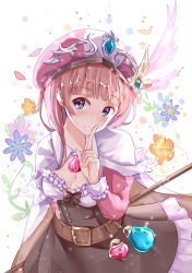 Rule 34 | 1girl, absurdres, atelier (series), atelier rorona, black bow, blue eyes, bow, breasts, brown hair, capelet, cleavage, feathers, hair between eyes, hat, highres, jewelry, looking at viewer, medium breasts, necklace, rororina fryxell, scarlet dango, short hair, solo, upper body, white background, white capelet, white feathers