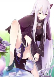 Rule 34 | 1girl, bar censor, black dress, black eyes, black panties, blush, bow, bow panties, breasts, butterfly hair ornament, censored, clothes lift, colored eyelashes, cup, dress, dress lift, echidna (re:zero), flower, hair between eyes, hair ornament, half-closed eyes, heels, leg up, licking lips, lifted by self, long hair, lunalu9, medium breasts, panties, panties around leg, pee stain, peeing, peeing in cup, pussy, re:zero kara hajimeru isekai seikatsu, rose, stained panties, standing, teapot, tongue, tongue out, underwear, very long hair, white hair