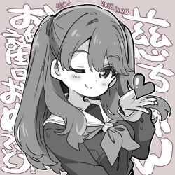 Rule 34 | 1girl, birthday, blush, brown background, chibi, commentary, fujishima megumi, greyscale with colored background, hasu no sora school uniform, link! like! love live!, long hair, looking at viewer, love live!, lowres, mezashi (mezamashi set), one eye closed, school uniform, smile, solo, two side up, upper body