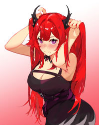 Rule 34 | 1girl, absurdres, arknights, belt, black belt, black shirt, blush, breasts, cleavage, closed mouth, hands in hair, highres, horns, long hair, looking at viewer, medium breasts, purple eyes, red hair, shirt, simple background, solo, surtr (arknights), talnory, twintails, upper body, uwu