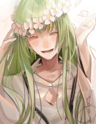 Rule 34 | :d, androgynous, blush, enkidu (fate), closed eyes, facing viewer, fate/strange fake, fate (series), gender request, green hair, hands up, head wreath, long hair, mizutame tori, open mouth, signature, simple background, smile, very long hair, white background, wide sleeves