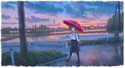 1girl black_hair black_skirt black_socks blue_eyes blue_neckerchief brown_footwear closed_mouth cloud cloudy_sky commentary_request feel_(nasitaki) guard_rail highres holding holding_umbrella long_sleeves neckerchief orange_sky original pantyhose power_lines rain red_bag red_umbrella road road_sign sailor_collar school_uniform serafuku shirt short_hair sign skirt sky socks solo umbrella utility_pole white_shirt