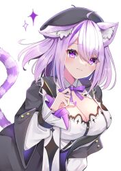 Rule 34 | 1girl, ahoge, animal ear fluff, animal ears, beret, black hat, black jacket, breasts, cat ears, cat girl, cat tail, cleavage, cleavage cutout, clothing cutout, collared shirt, hat, heart on chest, highres, hololive, jacket, large breasts, looking at viewer, medium hair, nekomata okayu, nekomata okayu (wonderland), official alternate costume, purple eyes, purple hair, shirt, smile, solo, tail, virtual youtuber, white background, white shirt, yuanagae