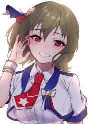 Rule 34 | 1girl, absurdres, blush, breasts, cropped jacket, green hair, grin, head tilt, highres, idolmaster, idolmaster million live!, jacket, looking at viewer, medium breasts, multicolored clothes, multicolored jacket, nagayoshi subaru, necktie, red eyes, red necktie, shirt, short hair, short sleeves, smile, solo, striped clothes, striped shirt, tutimaru0730, two-tone jacket, upper body, vertical-striped clothes, vertical-striped shirt, wristband