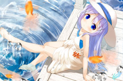 Rule 34 | 1girl, animal, bad id, bad pixiv id, bare arms, bare legs, bare shoulders, barefoot, blue eyes, blurry, blurry foreground, blush, breasts, chinomaron, closed mouth, collarbone, commentary request, day, depth of field, dress, feet, fish, gochuumon wa usagi desu ka?, goldfish, hair between eyes, hair ornament, hat, head tilt, highres, kafuu chino, long hair, looking at viewer, looking to the side, outdoors, pier, purple hair, reflection, sidelocks, signature, sitting, sleeveless, sleeveless dress, small breasts, smile, soaking feet, solo, sun hat, very long hair, water, water drop, white dress, white hat, x hair ornament
