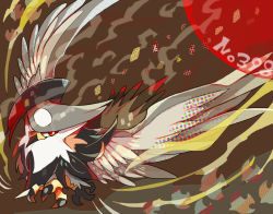 Rule 34 | akadako, animal focus, bird, bright pupils, brown background, claws, creatures (company), feathered wings, flying, full body, game freak, gen 4 pokemon, nintendo, no humans, one-hour drawing challenge, pokedex number, pokemon, pokemon (creature), red eyes, solo, staraptor, white pupils, wings