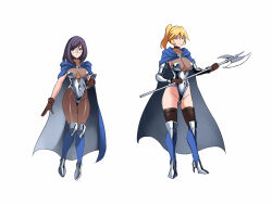 Rule 34 | 2girls, armor, armpits, axe, bikini armor, blonde hair, blue eyes, blue footwear, bodystocking, book, boots, breasts, cape, character sheet, choker, cleavage, cloak, glasses, gloves, gluteal fold, grey eyes, high heel boots, high heels, large breasts, leotard, long hair, medium hair, multiple girls, original, ponytail, purple eyes, sketch, smile, thick thighs, thighs, uns (sdsxsoverlord)
