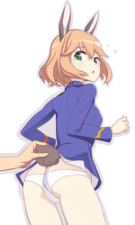 Rule 34 | 1girl, amelie planchard, animal ears, ass, blush, butt crack, caryo, flying sweatdrops, from behind, green eyes, looking back, military, military uniform, nanashino, orange hair, panties, rabbit ears, rabbit girl, rabbit tail, simple background, solo focus, strike witches, tail, tail grab, tears, underwear, uniform, white background, white panties, world witches series