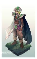 Rule 34 | 1boy, armor, blonde hair, breastplate, cape, celtic guardian, commentary, duel monster, full body, gem, grass, helmet, highres, holding, holding sword, holding weapon, kyokyokyo016, male focus, pants, pauldrons, pelvic curtain, pointy ears, shoulder armor, solo, sword, toned, toned male, weapon, yu-gi-oh!, yu-gi-oh! duel monsters