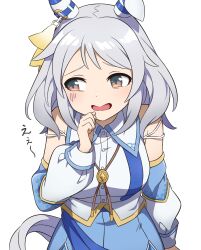 Rule 34 | 1girl, animal ears, averting eyes, bare shoulders, breasts, brown eyes, clenched hand, commentary request, detached sleeves, ear covers, ear ornament, grey hair, hair ornament, highres, hishi miracle (umamusume), horse ears, horse girl, horse tail, long sleeves, medium breasts, medium hair, open mouth, sash, sha (siasha0104), simple background, solo, tail, translated, umamusume, upper body, white background