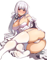 Rule 34 | 1girl, ass, azur lane, blunt bangs, cameltoe, closed mouth, clothes lift, detached collar, dress, dress lift, feet, garter straps, gem, gloves, grey eyes, hair ornament, hair ribbon, highres, illustrious (azur lane), jewelry, lifted by self, long hair, looking at viewer, lying, mole, mole under eye, necklace, no bra, on side, panties, ribbon, simple background, skirt, skirt lift, smile, solo, thighhighs, thighs, thong, toes, tokiwa midori (kyokutou funamushi), underwear, white background, white dress, white gloves, white hair, white panties, white thighhighs