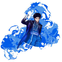 Rule 34 | 1boy, aiguillette, amestris military uniform, arm at side, black coat, black eyes, black hair, blue background, blue jacket, blue pants, blue theme, buttons, character name, coat, collared jacket, collared shirt, contrapposto, cowboy shot, double-breasted, fullmetal alchemist, gloves, grin, hair strand, hand in pocket, hand up, highres, jacket, littleskrib, looking at viewer, male focus, military, military jacket, military uniform, pants, roy mustang, shirt, shirt tucked in, silver trim, simple background, smile, snapping fingers, splatter background, swept bangs, tsurime, two-tone background, uniform, white background, white gloves, white shirt