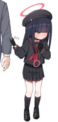 Rule 34 | 1boy, black footwear, black gloves, black hair, black skirt, black socks, blue archive, blush, brown eyes, child, closed mouth, full body, gloves, half-closed eyes, halo, hat, highres, hime cut, holding another&#039;s arm, justice task force member (blue archive), lakilolom, long hair, long sleeves, nervous sweating, pleated skirt, school uniform, sensei (blue archive), simple background, skirt, socks, standing, sweat, white background