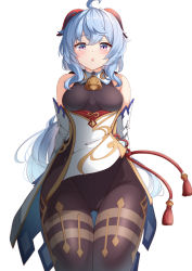 Rule 34 | absurdres, ahoge, arms behind back, bare shoulders, bell, black legwear, black leotard, blue hair, blush, bodystocking, bodysuit, breasts, chestnut mouth, chinese knot, crotch, detached sleeves, flower knot, from below, ganyu (genshin impact), genshin impact, gluteal fold, gold trim, highres, horns, leotard, leotard under clothes, long hair, looking at viewer, medium breasts, moyoron, neck bell, parted lips, pelvic curtain, purple eyes, red rope, rope, sidelocks, solo, standing, tassel, thigh gap, thighlet, thighs, waist cape, white background, white sleeves