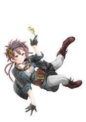 Rule 34 | 1girl, beads, belt, black gloves, blue eyes, boots, braid, breasts, brown footwear, brown hair, cleavage, cross-laced footwear, full body, gloves, goggles, goggles around neck, hair beads, hair ornament, hairband, highres, jewelry, kouya no kotobuki hikoutai, lace-up boots, long hair, medium breasts, nass na, necklace, remi (kouya no kotobuki hikoutai), shirt, short hair, shorts, smile, solo, striped clothes, striped shirt, unworn jewelry, unworn necklace, white background