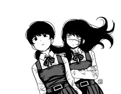 Rule 34 | 2girls, artist name, black hair, chainsaw man, crossed arms, dress, facial scar, floating hair, fourth east high school uniform, greyscale, highres, long hair, looking at another, looking at viewer, mitaka asa, monochrome, multiple girls, neck ribbon, osulan, pinafore dress, ribbon, scar, scar on cheek, scar on face, school uniform, simple background, sleeveless dress, twintails, white background, yoru (chainsaw man)