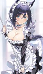 Rule 34 | 1girl, alternate costume, animal ears, apron, black hair, blue eyes, blush, bochibochi (gyuuniku 6000), breasts, cleavage, collarbone, commentary, corset, eishin flash (umamusume), frills, hair between eyes, highres, holding, horse ears, horse girl, horse tail, large breasts, light particles, looking at viewer, maid, maid apron, maid headdress, neck garter, parted lips, revision, short hair, tail, umamusume