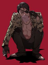 Rule 34 | 1boy, adjusting eyepatch, animal print, black footwear, black gloves, black hair, black pants, bubble, chewing gum, cigarette, gloves, gold necklace, highres, jacket, jewelry, leather, leather gloves, majima goro, male focus, mature male, necklace, one-eyed, open clothes, open jacket, pants, print eyepatch, red background, red eyes, ryuu ga gotoku (series), samuraisamurai, shadow, shoes, short hair, simple background, snake print, solo, squatting