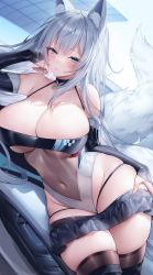 Rule 34 | 1girl, :/, animal ear fluff, animal ears, azur lane, bare shoulders, black choker, black gloves, black panties, black skirt, black thighhighs, blue eyes, blush, boots, breasts, bridal gauntlets, cameltoe, car, cheek rest, choker, cleavage, closed mouth, commentary request, covered navel, cowboy shot, detached sleeves, dutch angle, elbow gloves, eyes visible through hair, fox ears, fox tail, gloves, groin, halterneck, hand on own face, hand on own thigh, highleg, highleg leotard, highres, kitsune, large breasts, leotard, long hair, looking at viewer, lying, microskirt, motor vehicle, multicolored leotard, multiple tails, official alternate costume, on side, paid reward available, panties, panty straps, pleated skirt, race queen, reclining, see-through, shinano (azur lane), shinano (moonlit chrome) (azur lane), sidelocks, skindentation, skirt, solo, sora 72-iro, sports car, string panties, tail, thigh boots, thighhighs, thighhighs under boots, underwear, white hair, white tail, zettai ryouiki