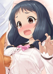 Rule 34 | 1boy, 1girl, black hair, blush, bow, breasts, brown eyes, censored, center frills, clothed paizuri, commentary request, fingernails, frills, hands up, hetero, highres, idolmaster, idolmaster cinderella girls, kiyu rei, large breasts, long hair, long sleeves, low twintails, mosaic censoring, ohnuma kurumi, open mouth, oppai loli, paizuri, paizuri under clothes, penis, pink bow, shirt, solo focus, tears, twintails, wavy mouth, white shirt