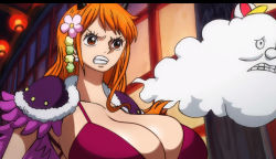 Rule 34 | 1girl, beast pirates, beast pirates uniform, breasts, brown eyes, clothes, ear piercing, female focus, horns, huge breasts, joylewds, long hair, looking to the side, nami (one piece), official alternate costume, one piece, orange hair, piercing, solo, third-party edit, zeus (one piece)