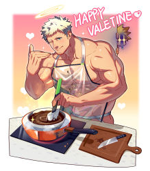Rule 34 | 2boys, abs, apron, bara, blonde hair, blue eyes, chocolate, closed mouth, cooking, facial hair, food, food on clothes, halo, happy valentine, jockstrap, large pectorals, lenga valentine, lvlv, male focus, male underwear, multiple boys, muscular, muscular male, nipples, one eye closed, paradiso guardian, pectorals, peeking out, radian (paradiso guardian), see-through, short hair, sideburns, smile, stubble, underwear