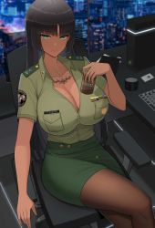 Rule 34 | 1girl, absurdres, black hair, blunt bangs, breasts, brown pantyhose, buttons, can, chair, cleavage, collarbone, collared shirt, crossed legs, dark-skinned female, dark skin, felicia castro, green eyes, green shirt, green skirt, highres, large breasts, long hair, looking at viewer, military, military uniform, mole, mole on breast, mole under mouth, original, pantyhose, pencil skirt, shirt, short sleeves, sitting, skirt, smile, solo, thighs, ultra-13, uniform