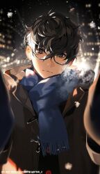 Rule 34 | 1boy, amamiya ren, black eyes, black hair, blue mittens, blue scarf, breath, btmr game, buttons, closed mouth, coat, glasses, hair between eyes, highres, looking at viewer, male focus, meme, mittens, night, open clothes, open coat, outdoors, persona, persona 5, pov cheek warming (meme), reaching, reaching towards viewer, scarf, snowing, solo, twitter username, upper body, winter clothes