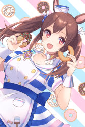 Rule 34 | 1girl, :d, animal ears, blue hat, blush, bow, breasts, brown hair, choker, collarbone, commentary request, diagonal stripes, doughnut, dress, food, food-themed background, gucchiann, hair ribbon, hands up, hat, highres, hishi akebono (umamusume), holding, holding food, horse ears, long hair, looking at viewer, medium breasts, mini hat, open mouth, puffy short sleeves, puffy sleeves, red eyes, ribbon, short sleeves, sidelocks, smile, solo, striped background, striped clothes, striped dress, tilted headwear, twintails, umamusume, white bow, white choker, white ribbon, wrist cuffs