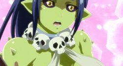 Rule 34 | 1girl, animated, animated gif, arm under breasts, bare shoulders, black sclera, blue hair, breasts, cleavage, colored sclera, colored skin, female goblin, goblin, gobuko nggiell, green skin, halterneck, large breasts, long hair, monster girl, open mouth, peter grill to kenja no jikan, pointy ears, ponytail, revealing clothes, sidelocks, skull, yellow eyes