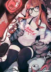 Rule 34 | 1girl, arm support, black thighhighs, brown hair, can, collarbone, drink can, fur trim, glasses, handheld game console, headphones, highres, jacket, long hair, looking at viewer, monitor, off shoulder, parororo, persona, persona 5, playstation vita, sakura futaba, short shorts, shorts, sitting, smile, soda can, solo, television, thighhighs, twitter username
