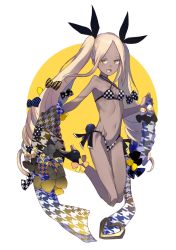 Rule 34 | 1girl, :d, bare shoulders, bikini, black bikini, black footwear, black ribbon, blonde hair, breasts, collarbone, commentary request, dark-skinned female, dark skin, drill hair, eyebrows hidden by hair, forehead, french commentary, full body, hair ribbon, high heels, highres, kayanogura, long hair, open mouth, original, parted bangs, ribbon, shoes, side-tie bikini bottom, sidelocks, small breasts, smile, solo, swimsuit, twin drills, twintails, two-tone background, very long hair, white background, yellow background, yellow eyes