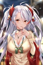 Rule 34 | 1girl, alternate costume, azur lane, bell, black choker, breasts, choker, cleavage, cross, hair bell, hair ornament, highres, iron cross, jewelry, large breasts, long hair, looking at viewer, necklace, prinz eugen (azur lane), red eyes, seedkeng, silver hair, solo, twintails, two side up, upper body